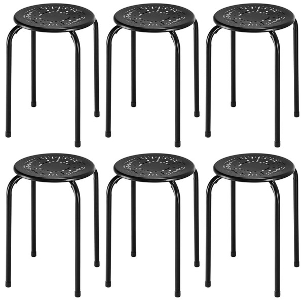 COSTWAY 6-Pack Steel Stack Stools, 17.5-Inch Height Portable Stackable Backless School Stools with Daisy Design, Round Classroom Decoration Stools Set of 6 for Kids Children Students, Black