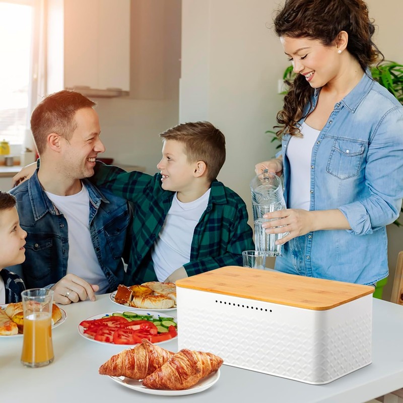 Widousy Bread Bin with Bamboo Lid, White Bread storage box