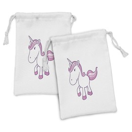 Ambesonne Unicorn Party Fabric Pouch Set of 2, Simplistic Themed Graphic of Animal Art Magic Horse, Small Drawstring Bag for Toiletries Masks and Favors, 9" x 6", White Pink