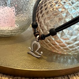 Hana Lima 1 of 12 Zodiac Signs on Adjustable Horoscope Leather Necklace, Surfer Chain, Pewter