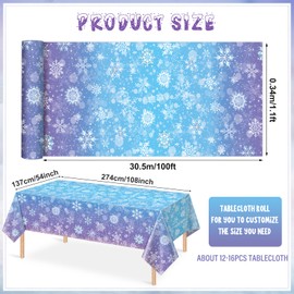 Winter Snowflake Plastic Tablecloth Roll 54 Inch x 100 Ft, Blue and Purple Snowflake Table Cover with Cutter Box, Winter Wonderland Disposable Table Cloth Backdrop for Winter Holiday Party Decorations