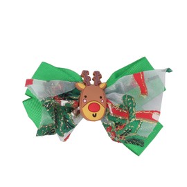 4.5 inch Wide Hair Bow Sparkle Christmas Bow with Silicone Charm - Green Reindeer