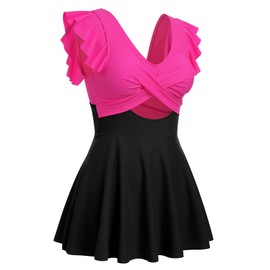 IDOPIP Women's Cutout Ruffle One Piece Swimdress Beachwear Swimsuit with Shorts V Neck Bathing Suit Tummy Control Surfing Swimming Suit Summer UPF 50+ Sun Protection Swimwear Wetsuit Black+Pink S