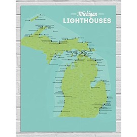 Best Maps Ever Michigan Lighthouses Checklist 18x24 Poster (Green & Aqua)