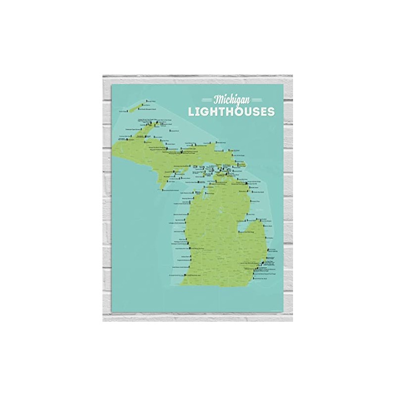 Best Maps Ever Michigan Lighthouses Checklist 18x24 Poster (Green &