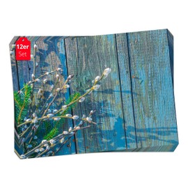 Placemat, Place Mat - Willow Kitten on Blue Wood - Pack of 12 Made in Germany, 44 x 32 cm Made of Special Natural Paper in Storage Folder - The Special Table Decoration for Spring, Easter and Flowers