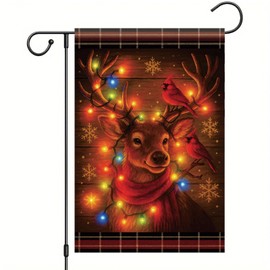 Saoplasa Christmas Garden Flag Reindeer Flag 12x18 Inch Double Sided Outdoor Holiday Yard Banner Winter Red Cardinals Snowflakes Plaid Rustic Farmhouse Lawn Porch Decor (Without Lights)