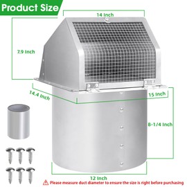 12 Inch Hooded Wall Vent with Screen and Damper, Outdoor Wall Exhaust Vent Cover Cap for Duct Dryer Range Hood Exterior Heating Cooling Ventilation and Outside Air Exhaust, Galvanized Steel, White