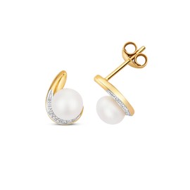 Elegant 9ct Gold Ladies Diamond Stud Earrings Brilliant Cut H - PK with Freshwater Cultured Pearl - 10mm*7mm WJS35359