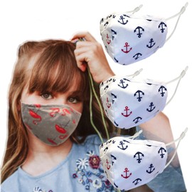 Spotlight Hosiery 3 PACK Washable Reusable Face Mask Nose Wire Ear Adjuster Filter Pocket (Kids (6-12 Year Old) Cotton Boat Anchors Print)