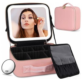 Makeup Bag with Mirror and Light Travel Makeup Train Case Cosmetic Bag Organizer Portable Artist Storage Bag with Adjustable Dividers Makeup Brushes Storage Organizer