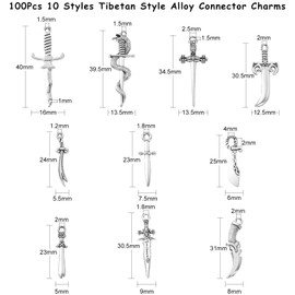 LiQunSweet 100 Pcs 10 Styles Antique Silver Sword Knife Alloy Connector Charms Links Sword with Snake Charms for DIY Jewelry Making Accessory Keychain