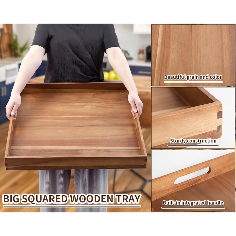 Extra Large Square Wood Tray, Generously 22" Acacia Serving Trays