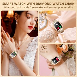 Smart Watch for Women, 1.59" HD Diamond Luxury Watch with Bluetooth Fitness Tracker/AI Voice Control/120+ Sport Modes/IP68 Waterproof /Heart Rate Sleep Monitor/ for Android iOS, Rose Gold/2 Bands
