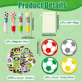 CY2SIDE Soccer Stationery Party Gift - 12 Pack Football Prizes Set Include 4-in-1 Ballpoint Pen Sticky Note Sticker and Organza for boy, Summer sport Party Favor Goodie Bag Fillers for School Rewards