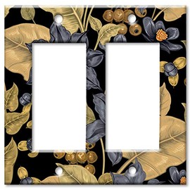 Art Plates 2-Gang Rocker (Decora) OVERSIZE Switch Plate - OVER SIZE Decorative Metal Wall Plate - Black and Gold Flowers - (Made in USA)