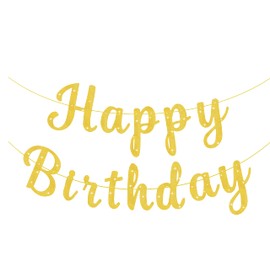 Pre-Strung Glitter Happy Birthday Banner Garlands Gold Happy Birthday Sign Banners for Women Men Boys Girls Party Backdrop Wall Door Decorations