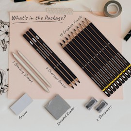 ARTISANAL STUDIO Drawing Pencils, (12B to 4H) 10 Graphite Sketching Pencils, 3 Charcoal Pencils, Blending Stumps, Erasers & Sharpeners. Premium Art Pencils for Drawing, Sketching and Shading