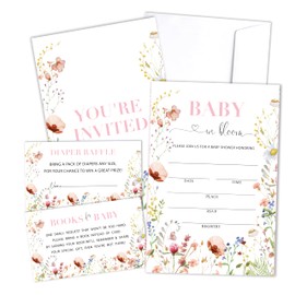 Baby In Bloom Baby Shower Invitation With Envelopes, Diaper Raffle Tickets, Books Request Cards, Wildflowers Babyshower Decorations Supplies Favors Set, Gender Reveal Party Invites, 25 Cards Each -01