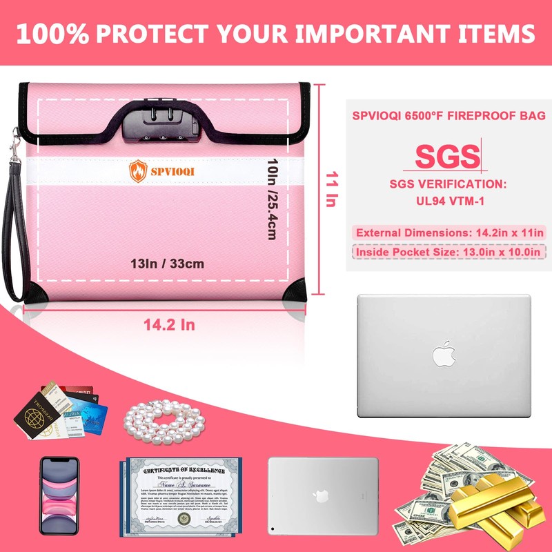 SPVIOQI 6500°F Fireproof Document Bag with Lock, Pink, Unisex-Adults, Clutch,
