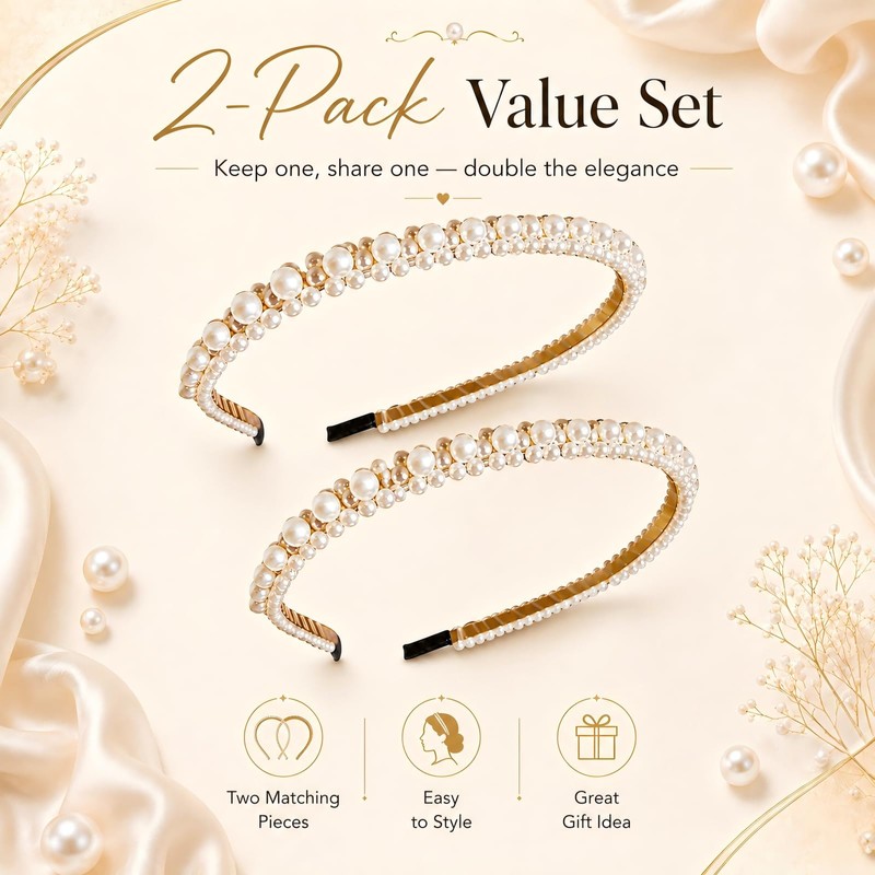 2 Pcs Pearl Headbands for Women White Bridal Headband Non-Slip