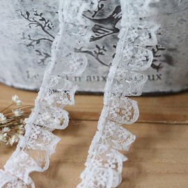 White 10 Meters Pleated Organza Lace Edge Gathered Mesh Trim Ribbon 2 cm Width Vintage Style Edging Trimmings Fabric Embroidered Applique Sewing Craft Wedding Bridal Dress Embellishment DIY Decor