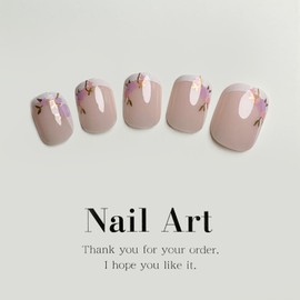 French Tip Press on Nails Short Square Fake Nails Flower Acrylic Nails Gold Leaf Squoval False Nails Glossy Glue on Nails Nude Nature Stick on Nails for Women Girls Manicure Art 24 Pcs