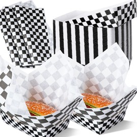 200 Pieces Checkered Food Tray Race Car Disposable Paper Food Tray with 200 Black and White Checkered Wax Paper Deli Liner Paper Food Boats Check Food Serving Tray for Race Car Birthday Party Supplies