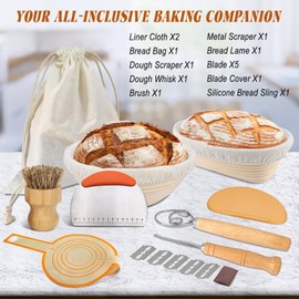 Iemegumi Banneton Bread Proofing Basket, 9 Inch Round and 10 Oval Natural Rattan Sourdough Bowls for Beautiful Spiral Bread Making, Dough Loaf Baking Supplies Kits Set Gifts for Starter