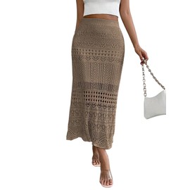 GORGLITTER Maxirock Damen Lang Hohe Taille Häkelrock Elegant Gestrickt Boho Rock Langer Causalrock mit Hohl Elastische Strickröcke Strand Outfit Khaki XL