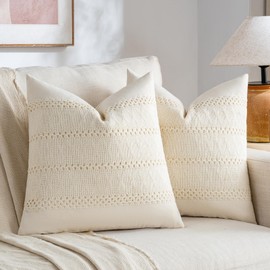 Fancy Homi Set of 2 Boho Cream Decorative Throw Pillow Cover 20x20 Inch for Couch Bed Sofa, Aesthetic Modern Organic Farmhouse Home Decor, Soft Cotton Cute Accent Macrame Woven Cushion Case