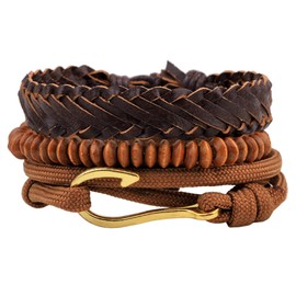 Aroncent wooden Beaded Fishook Bracelet - Layered Stretch Wooden Beaded Braided Leather Cord Adjustable Retro Ethnic Wrap Nautical Fish Hook Bracelet for Men Women
