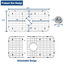 Stainless Steel Sink Protector 25-1/8" x 12-7/8" with Center Drain, Metal Sink Rack for Bottom of Sink, Kitchen Sink Grate and Sink Protectors with Sink Strainer (25-1/8" x 12-7/8" - Center Drain)