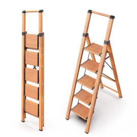WOA WOA 5 Step Ladder, Ladders for Home, Anti-Slip Pedals, Aluminum Step Stool Foldable, Lightweight to Move, Ease of Storage, Reach 10ft for Closet Kitchen Library, Hold 300lbs - Wood Grain
