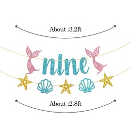 WeBenison Mermaid Nine Birthday Banner/Girl's 9th Birthday Banner Bunting/Ocean Nine Sign/Under The Sea Mermaid 9th Birthday Anniversary Party Decorations/Blue Pink Gold Glitter (Nine)