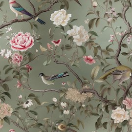 REDAMANCY Vintage Birds Butterfly Tea Green/Pink/White Floral Plants Peel and Stick Wallpaper Stick on Contact Paper Wall Paper Easy Peel Off for nightstand Drawer Cabinet Renter