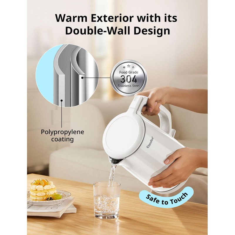 COMFEE' Electric Kettle and Tea Kettle, 1.5L Double Wall, Stainless