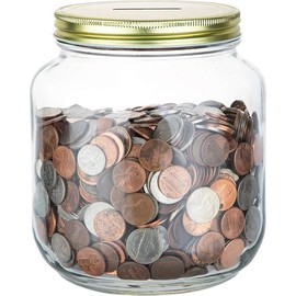 Large Coin Bank Jar with Slotted Gold Lid Holds Over $1,450 in Coins- Used for Piggy Bank and Raffle Ticket Drawing - Glass Money Jar Made in USA - Size: 1 Gallon Jar