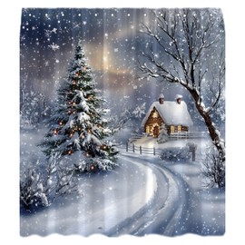 HUSPWP Winter Shower Curtain Vintage Village Snowy Nature Landscape Xmas Tree Snowflake Retro House Rustic Cabin Merry Christmas Happy New Year Fabric Bath Curtain with