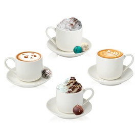 4oz. Espresso Cups Set of 4 With Matching Saucers - Premium White Porcelain, 8 Piece Gift Box Demitasse Set – Italian Caffè Mugs, Turkish Coffee Cup – Lungo Shots, Dopio Double Shot | White Set