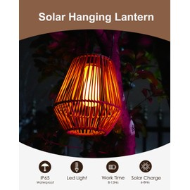 Solar Lanterns Outdoor Waterproof, Vintage Hanging Lights with 12-Hr Illumination & IP65 - 800mAh Battery, Auto On/Off, Rustproof Metal for Garden, Patio, Yard, Gift-Ready Decor, Rattan, 2 Pack