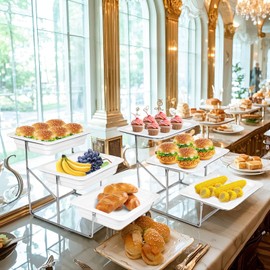 EI 3-Tier Rectangle Plate Set with Metal Stand,23.43 * 12.4 * 13.89inch White for Party,serving tray,12.5inch Crack-Proof Platters for Serving Food,White Reusable Trays,Stand for brunch,Dessert