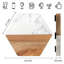 ZENFUN Set of 6 Marble Wood Coasters, Hexagon Geometric Coasters, Handcrafted Marble Coasters Set for Your Drinks and Beverages, Tea, Coffee, Wine/Bar Glasses, Tabletop Protection Helper