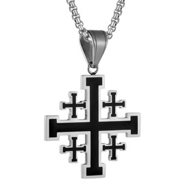 Flongo Men's Jerusalem Cross Chain: Stainless Steel Necklace with Religious Pendant Black Silver Christian Crusader Jewellery Christening Amulet Cross Chain Necklace Gift for Men Women Father,