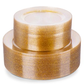 Goodluck 120PCS Gold Plastic Plates, Disposable Gold Glitter Plates, Heavy Duty 60pcs 10.25" Dinner Plates, 60pcs 7.5" Disposable Dessert Plates, Disposable Plates for Party, Wedding