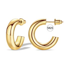 14k Gold Plated 925 Sterling Silver Post Small Chunky Gold Hoop Earrings for Women, Hypoallergenic Lightweight Thick Gold Hoops