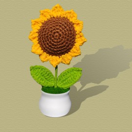 VerveWider Crochet Flowers Artifical Sunflower Decor, Small Potted Artificial Plant for Table, Desk, Home & Office Indoor Decoration (Yellow Brown Green, Large)