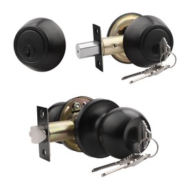 Knobonly Entry Door Knobs and Double Cylinder Deadbolt, Keyed Alike Door Handle Set with Same Keys, Combo Pack for Front Doors-Keyed on Both Side, Matte Black Finish, Contractor Pack of 2 Set