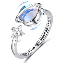 KRFY 925 Sterling Silver Anxiety Fidget Rings for Women 18K White Plated Moonstone CZ Open Ring for Anti Stress Adjustable Star Moon Spinner Ring Fidget Ring for Anxiety Women