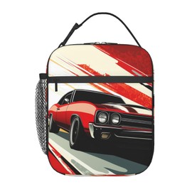 Qycazzw Muscle Car Lunch Bag for Women Men Adults, Insulated Lunch Box for Work, Sports, Travel, Picnic,Hiking, Fishing, Red Retro Classic Car Theme Lunchbox Gifts